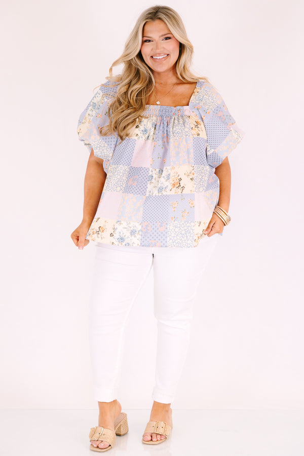 Chic soul plus size clothing, light blue patchwork pattern square neck puff sleeve baby doll top
