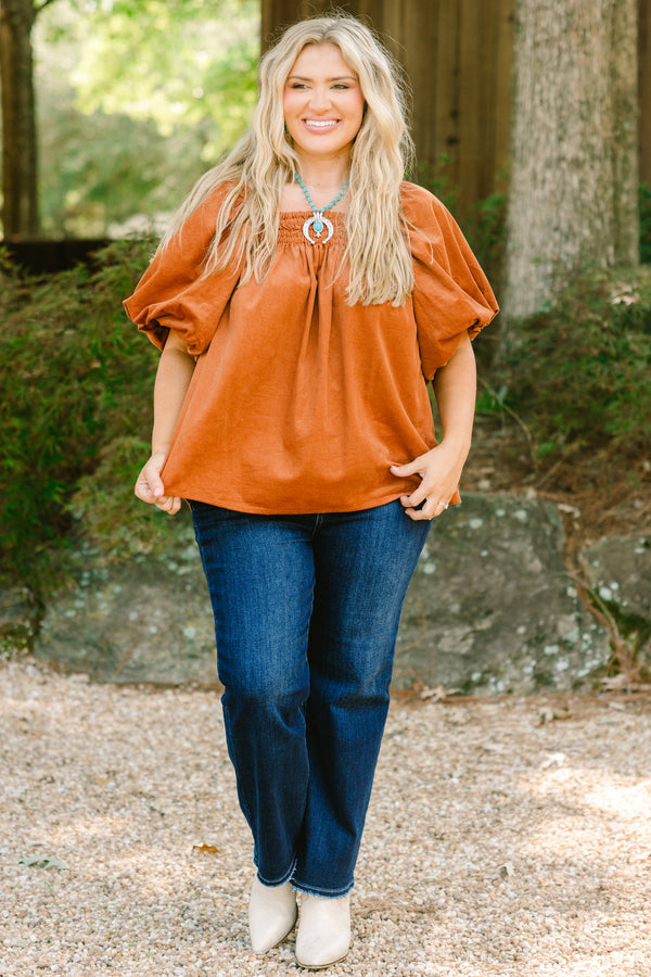 Chic Soul plus size clothing, brown corduroy short puff sleeve top