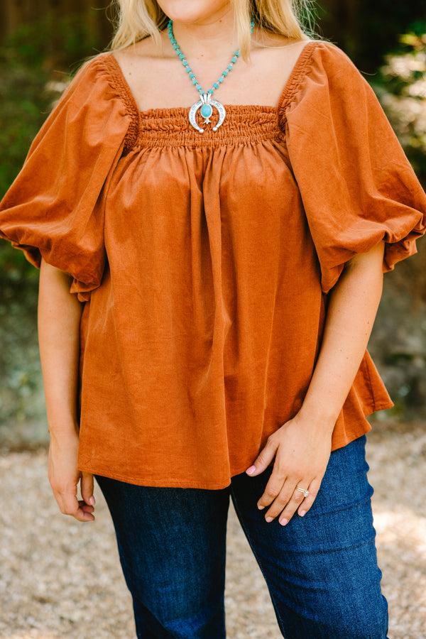 Chic Soul plus size clothing, brown corduroy short puff sleeve top