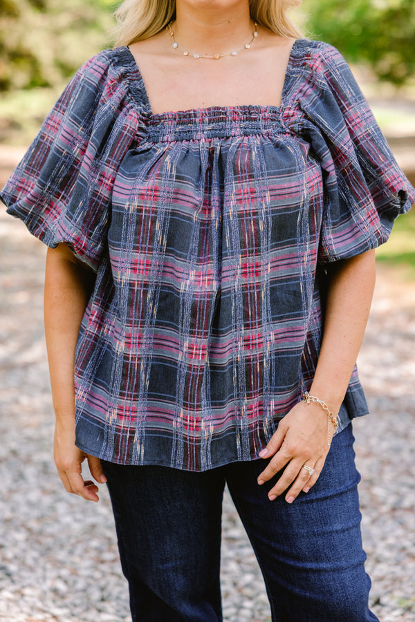 Chic Soul plus size clothing, grey and pink plaid short puff sleeve babydoll top 
