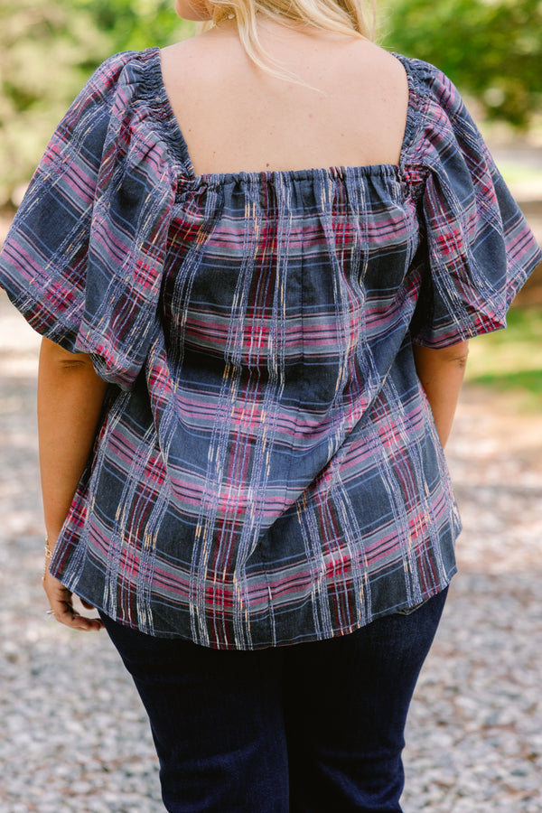 Chic Soul plus size clothing, grey and pink plaid short puff sleeve babydoll top 
