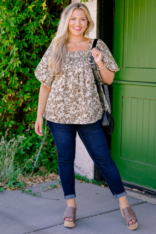 Chic Soul plus size clothing, ivory and brown top with a floral pattern and square neckline and bubble sleeves 