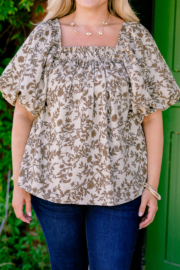 Chic Soul plus size clothing, ivory and brown top with a floral pattern and square neckline and bubble sleeves 