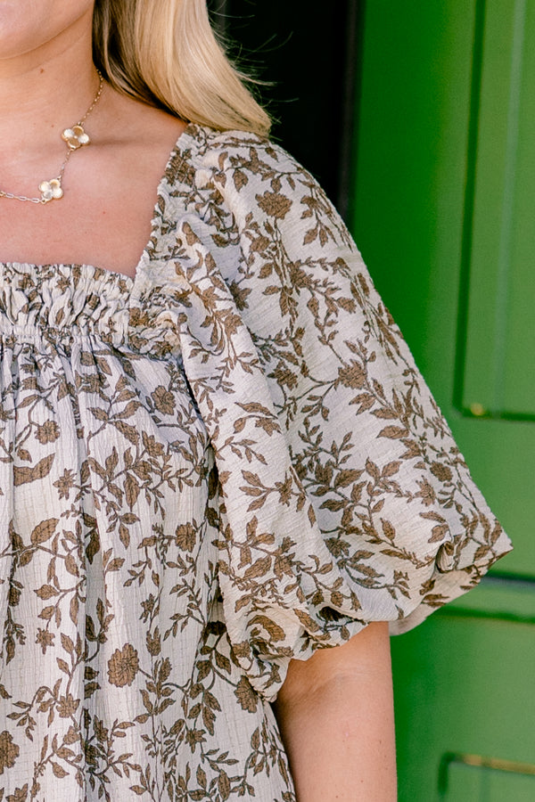 Chic Soul plus size clothing, ivory and brown top with a floral pattern and square neckline and bubble sleeves 