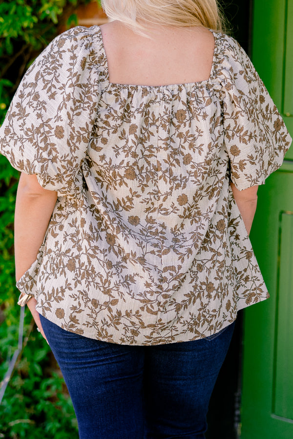 Chic Soul plus size clothing, ivory and brown top with a floral pattern and square neckline and bubble sleeves 