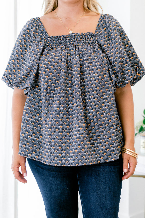 Chic Soul plus size clothing, navy and orange patterned baby doll top with short, bubble sleeves