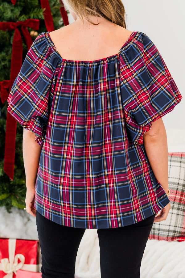 Chic Soul plus size clothing, navy short sleeve red plaid pattern top with square neckline with puff sleeve detail