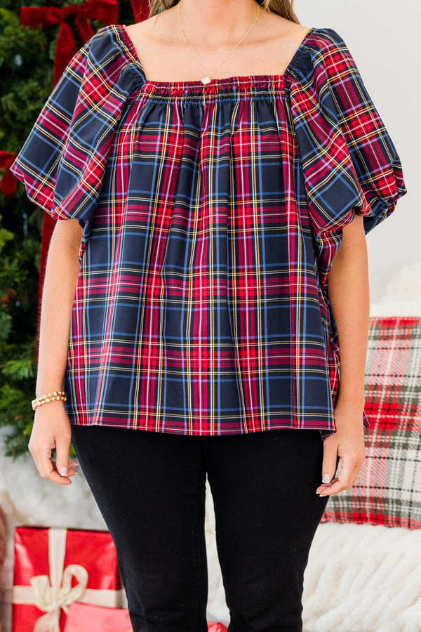 Chic Soul plus size clothing, navy short sleeve red plaid pattern top with square neckline with puff sleeve detail