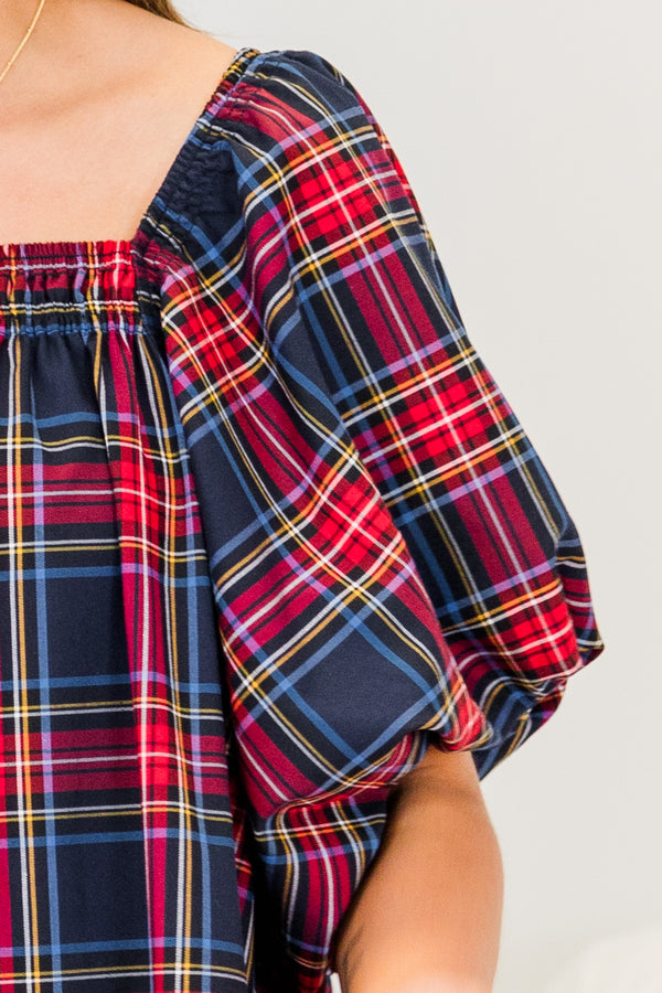 Chic Soul plus size clothing, navy short sleeve red plaid pattern top with square neckline with puff sleeve detail
