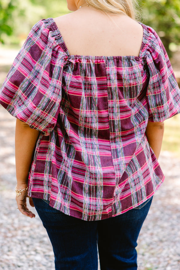 Chic Soul plus size clothing, burgundy and pink plaid short puff sleeve baby doll top