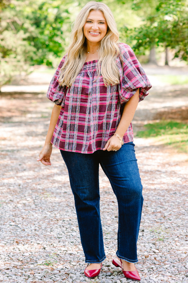 Chic Soul plus size clothing, burgundy and pink plaid short puff sleeve baby doll top
