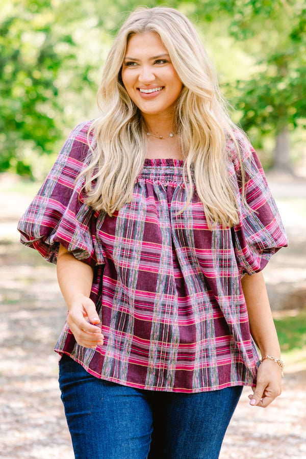 Chic Soul plus size clothing, burgundy and pink plaid short puff sleeve baby doll top