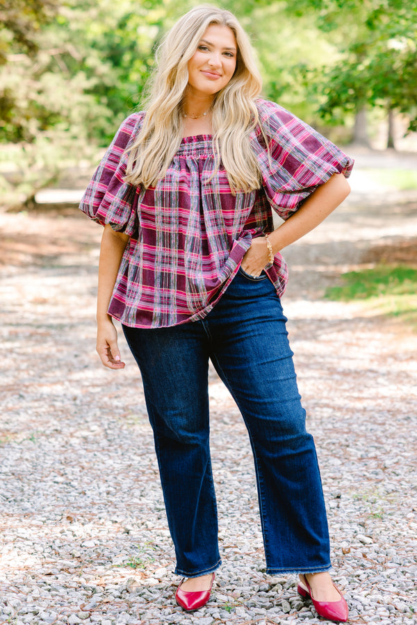 Chic Soul plus size clothing, burgundy and pink plaid short puff sleeve baby doll top