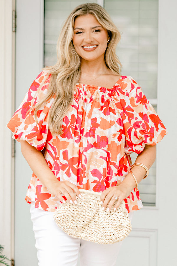Chic Soul plus size clothing, pink and orange floral balloon sleeve top with ruched square neckline