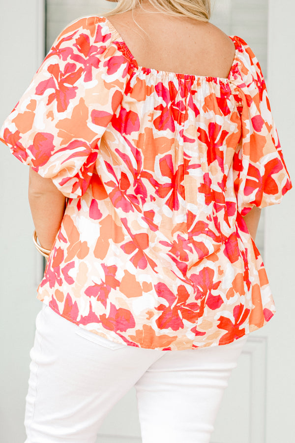 Chic Soul plus size clothing, pink and orange floral balloon sleeve top with ruched square neckline