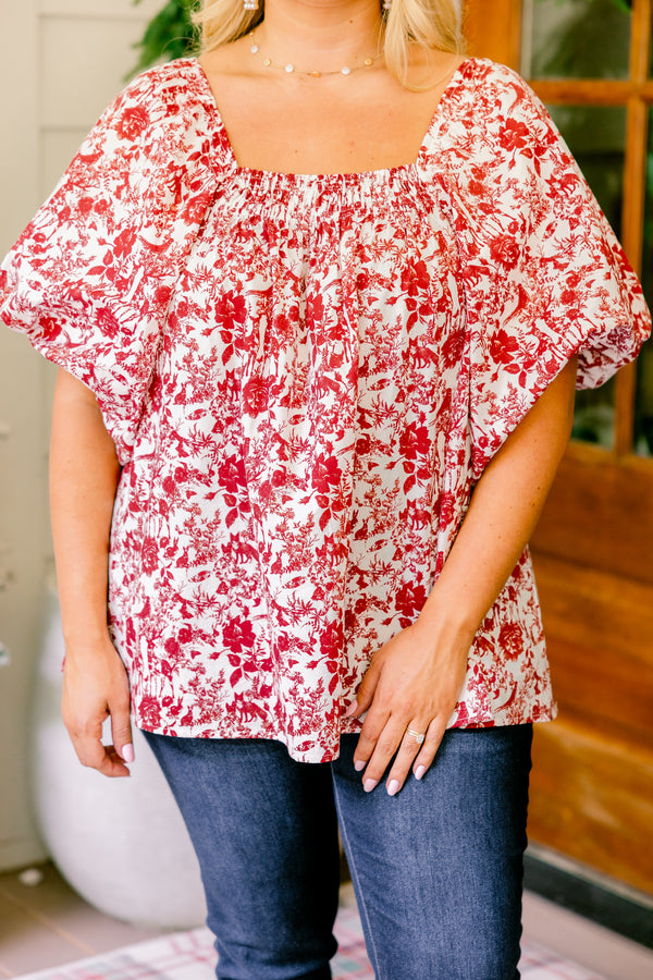 Chic Soul plus size clothing, red and white toile print square neck short puff sleeve top