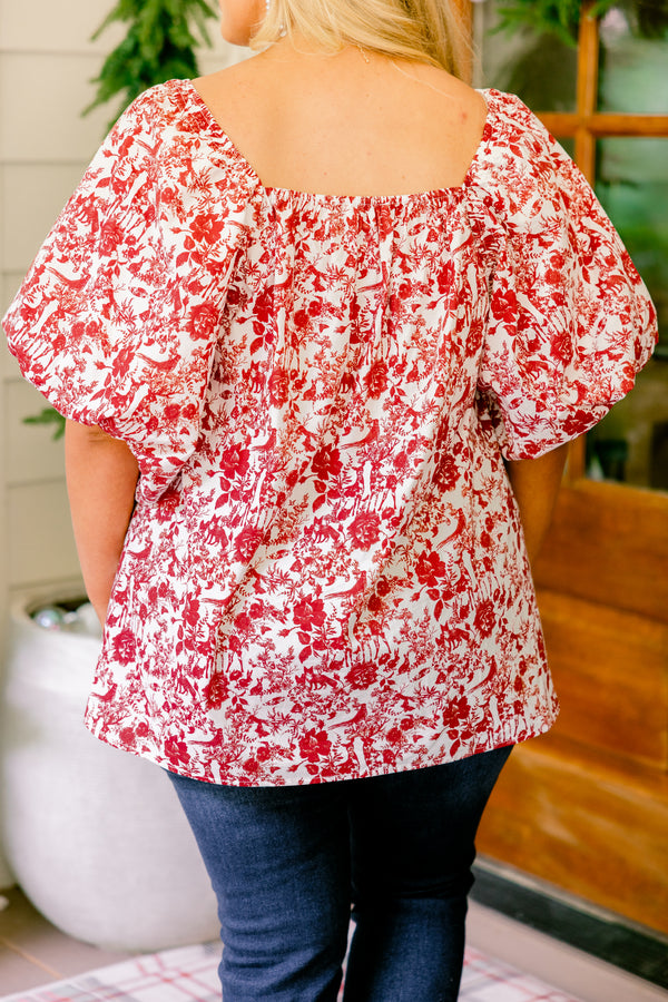 Chic Soul plus size clothing, red and white toile print square neck short puff sleeve top