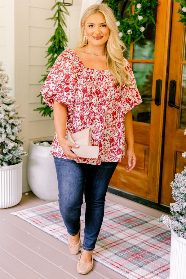 Chic Soul plus size clothing, red and white toile print square neck short puff sleeve top