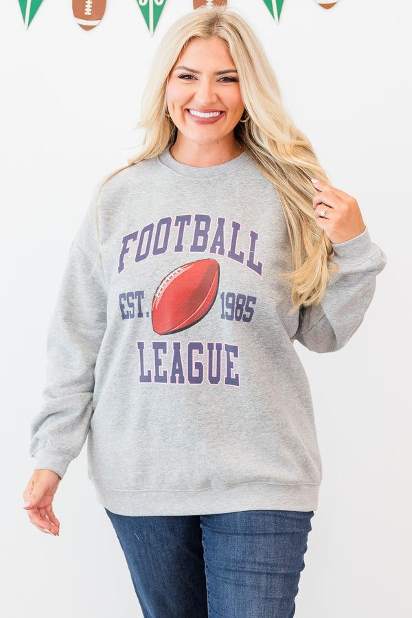 Chic Soul plus size clothing, long-sleeve heather gray crewneck pullover with graphic stating 