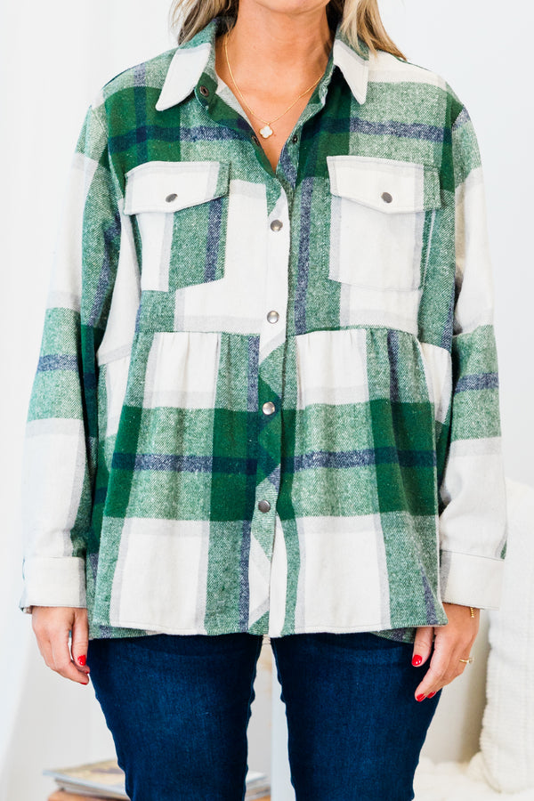 Chic Soul plus size clothing, green long sleeve babydoll plaid shacket with silver button up detail with chest pockets and collar detail with cuff sleeves
