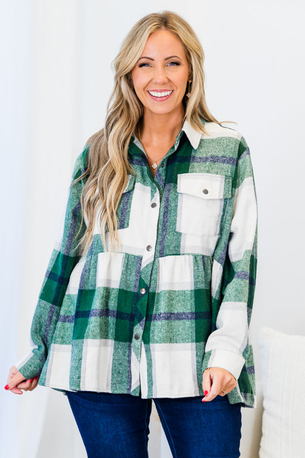 Chic Soul plus size clothing, green long sleeve babydoll plaid shacket with silver button up detail with chest pockets and collar detail with cuff sleeves