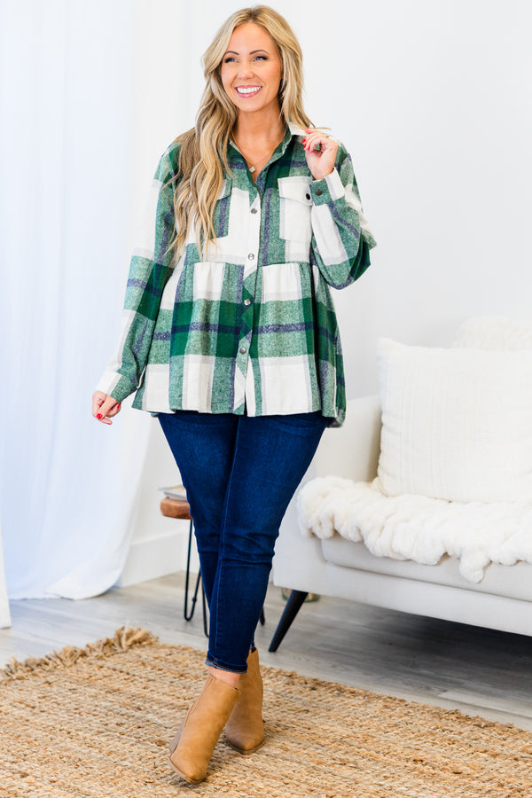 Chic Soul plus size clothing, green long sleeve babydoll plaid shacket with silver button up detail with chest pockets and collar detail with cuff sleeves