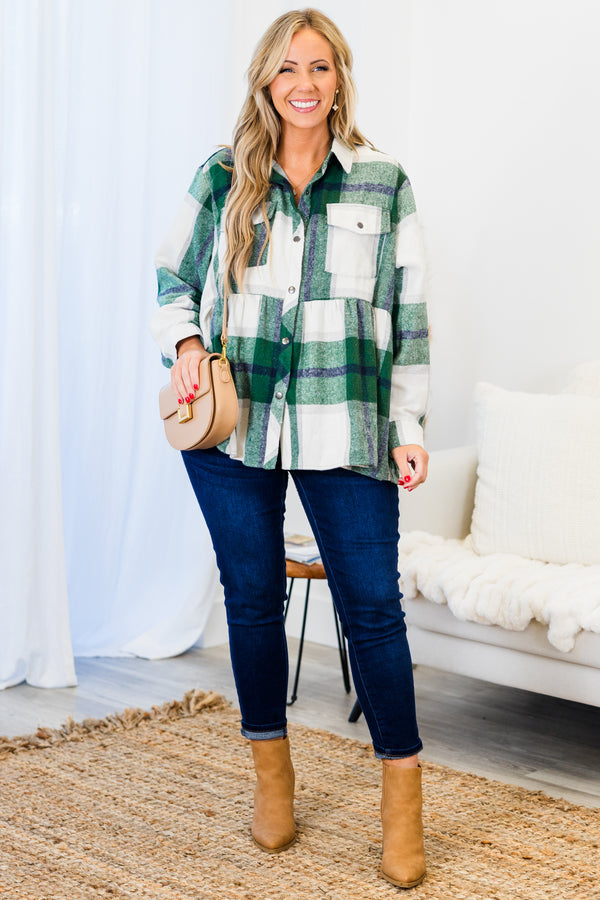 Chic Soul plus size clothing, green long sleeve babydoll plaid shacket with silver button up detail with chest pockets and collar detail with cuff sleeves