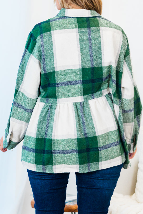 Chic Soul plus size clothing, green long sleeve babydoll plaid shacket with silver button up detail with chest pockets and collar detail with cuff sleeves