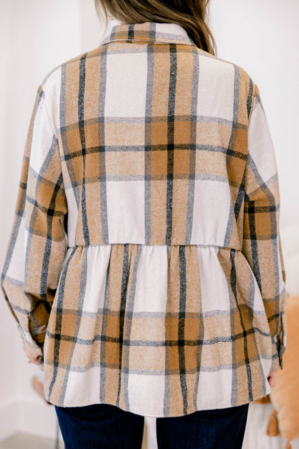 Chic Soul plus size clothing, tan black and white plaid button up baby doll style  shacket 