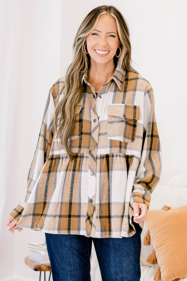 Chic Soul plus size clothing, tan black and white plaid button up baby doll style  shacket 