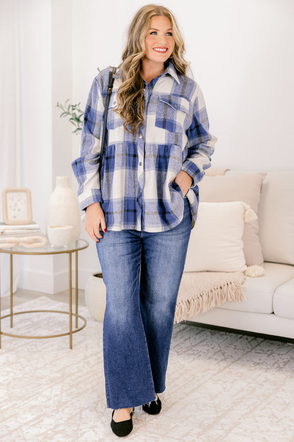 Chic Soul plus size clothing, navy and white plaid button up flannel shacket