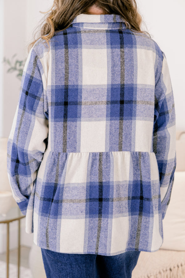 Chic Soul plus size clothing, navy and white plaid button up flannel shacket