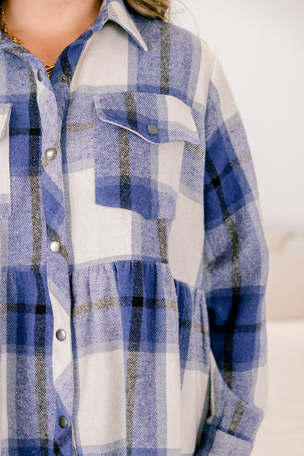 Chic Soul plus size clothing, navy and white plaid button up flannel shacket