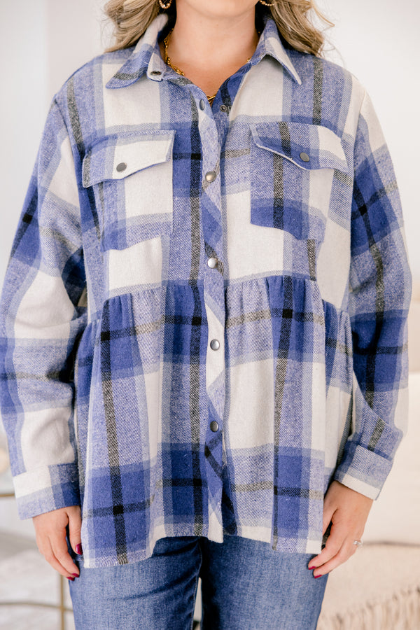 Chic Soul plus size clothing, navy and white plaid button up flannel shacket
