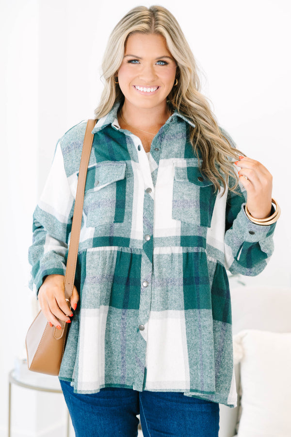 Chic Soul plus size clothing, green long sleeve babydoll plaid shacket with silver button up detail with chest pockets and collar detail with cuff sleeves