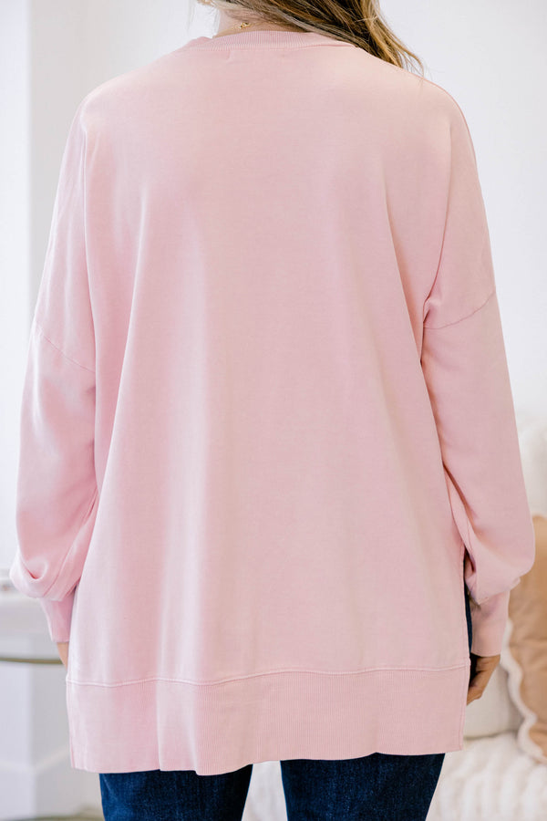 Chic Soul plus size clothing, blush long sleeve pullover with split hem and banded hem on sleeves