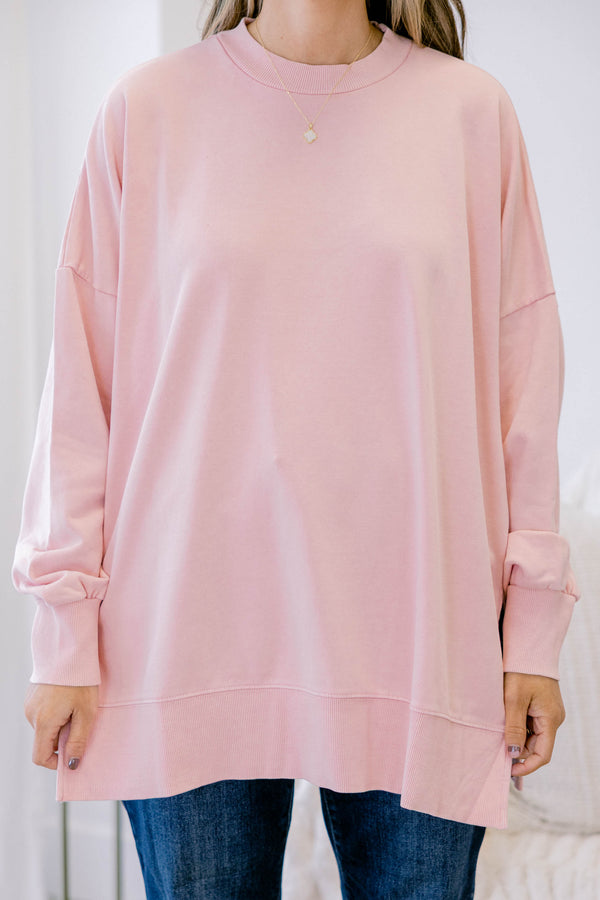 Chic Soul plus size clothing, blush long sleeve pullover with split hem and banded hem on sleeves