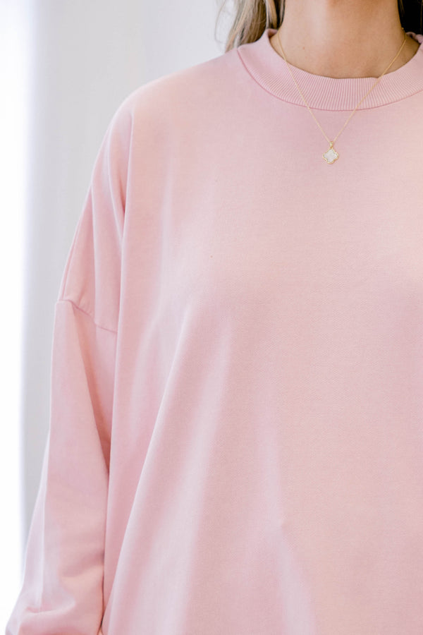 Chic Soul plus size clothing, blush long sleeve pullover with split hem and banded hem on sleeves