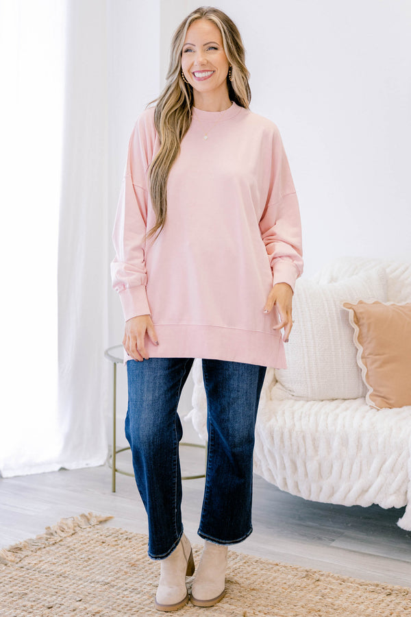 Chic Soul plus size clothing, blush long sleeve pullover with split hem and banded hem on sleeves