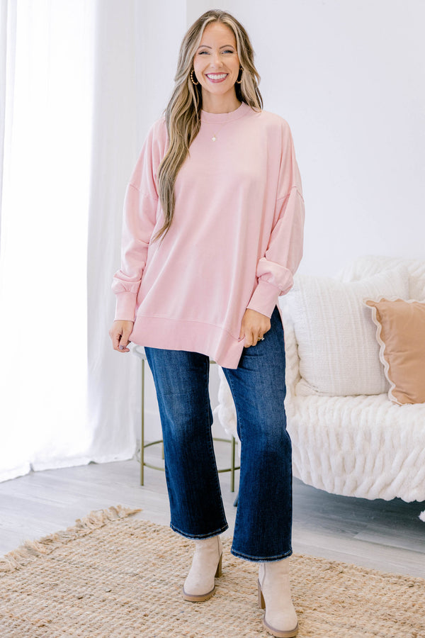 Chic Soul plus size clothing, blush long sleeve pullover with split hem and banded hem on sleeves