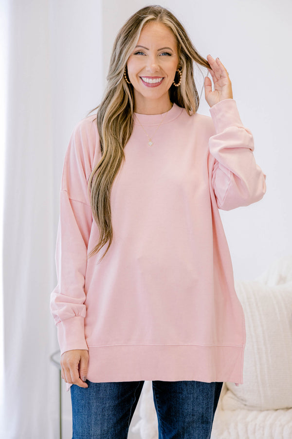 Chic Soul plus size clothing, blush long sleeve pullover with split hem and banded hem on sleeves