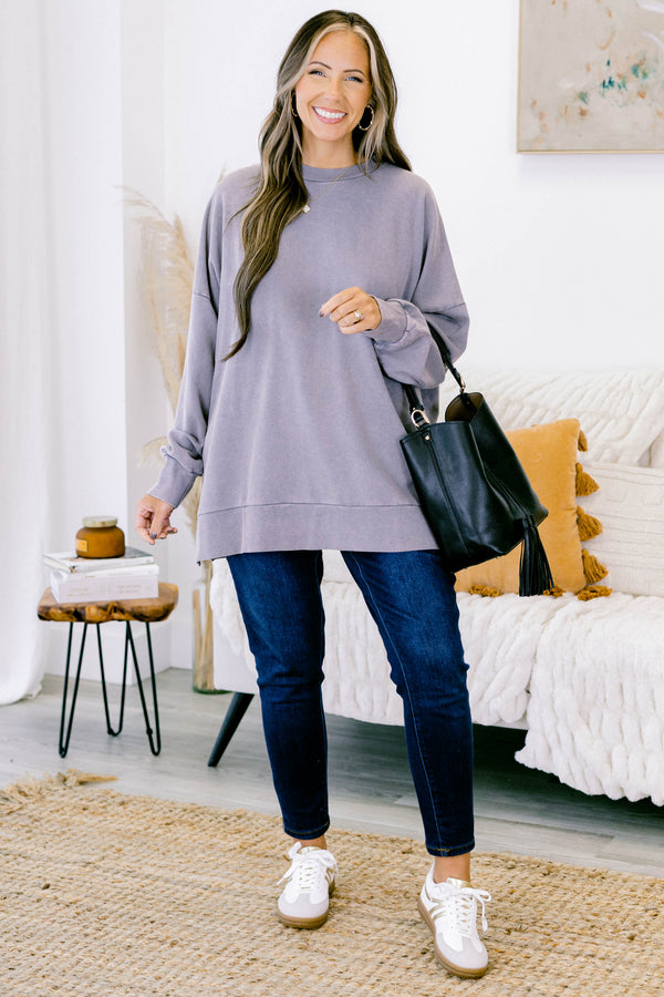 Chic Soul plus size clothing, gray crew neck pullover