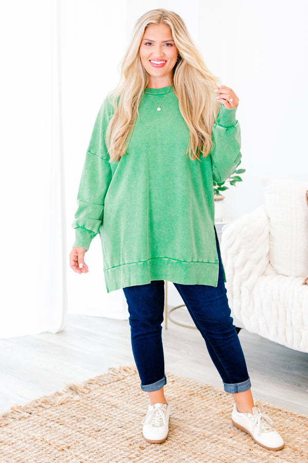 Chic Soul plus size clothing, green acid washed long sleeve pullover with slits on each side and cuff sleeves with round neckline
