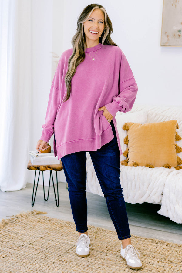 Chic Soul plus size clothing, pink berry long sleeve pullover with round neckline and ribbed cuff sleeves with band across bottom with slits on each side