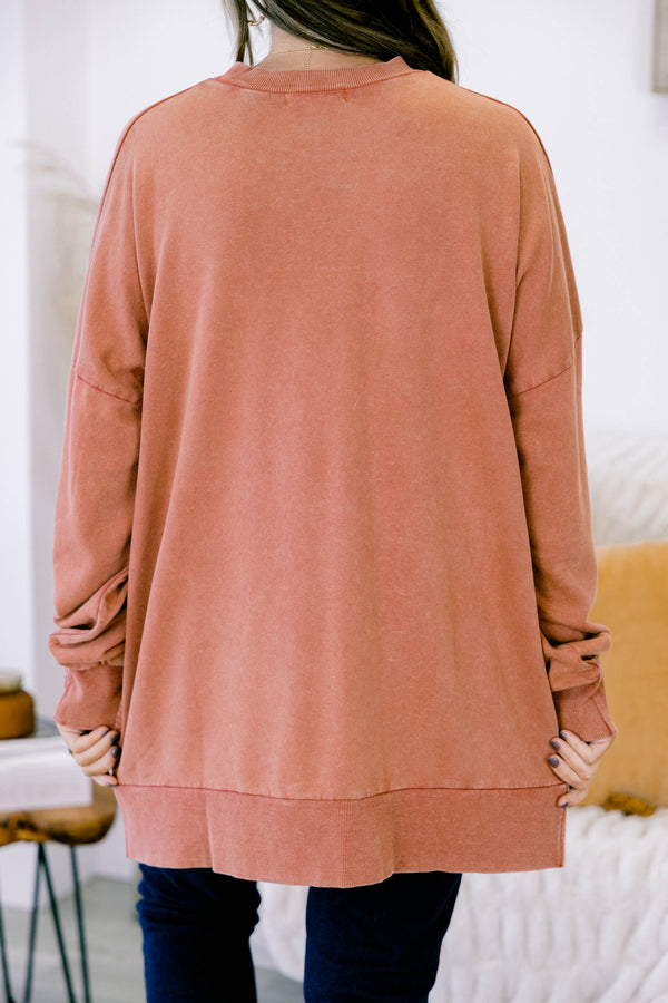 Chic Soul plus size clothing, rust acid wash crew neck pullover
