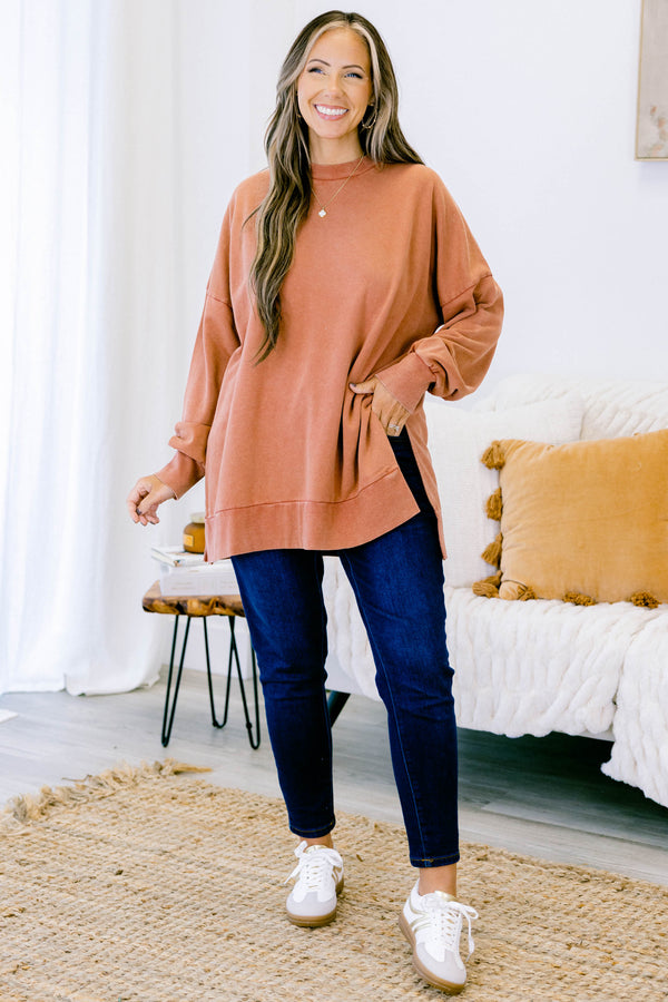 Chic Soul plus size clothing, rust acid wash crew neck pullover
