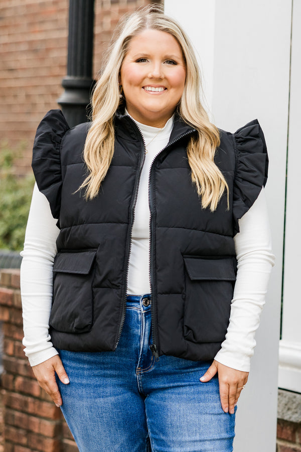 Cozy Ruffle Puff Vest, Black
