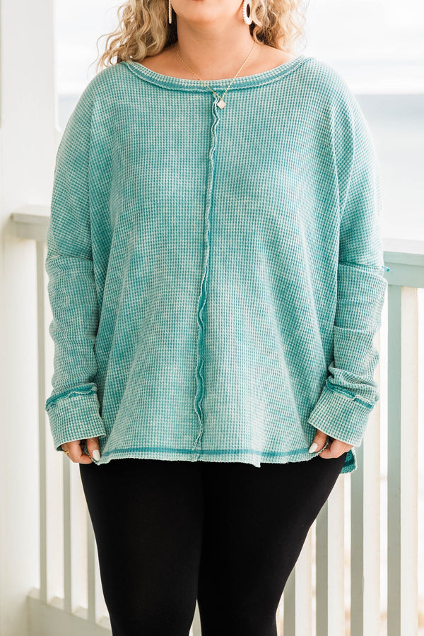 Chic Soul plus size clothing, dusty teal cozy waffle knit long sleeve pullover with distressed hem and stitching