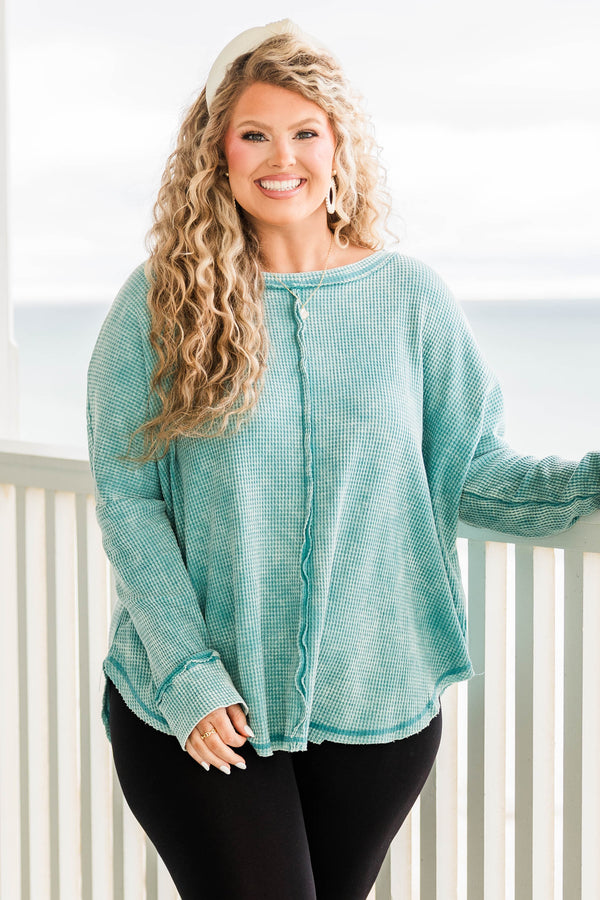 Chic Soul plus size clothing, dusty teal cozy waffle knit long sleeve pullover with distressed hem and stitching