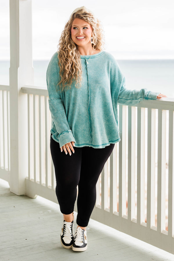 Chic Soul plus size clothing, dusty teal cozy waffle knit long sleeve pullover with distressed hem and stitching